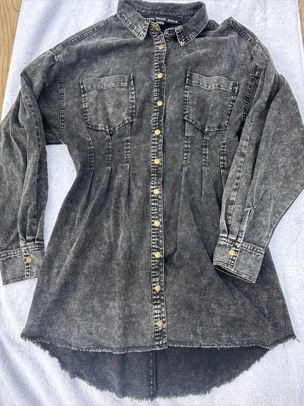 HYFVE Black Denim Tunic Shirt Dress Distressed Button Front Size S - Picture 2 of 7